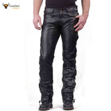 Mens New Black Leather Trousers Motorbike Motorcycle Lacing Pants Trousers Jeans
