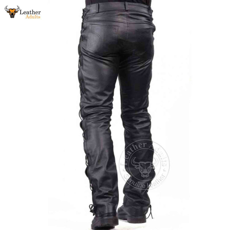 Mens New Black Leather Trousers Motorbike Motorcycle Lacing Pants Trousers Jeans