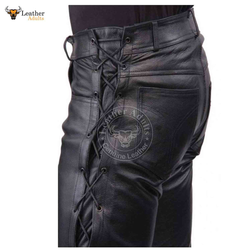 Mens New Black Leather Trousers Motorbike Motorcycle Lacing Pants Trousers Jeans