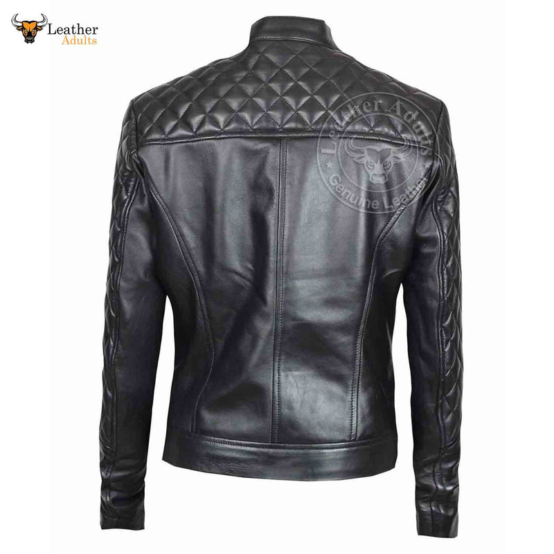 Womens Real Lambskin Leather Slim Fit Ladies Black Quilted Bikers Jacket