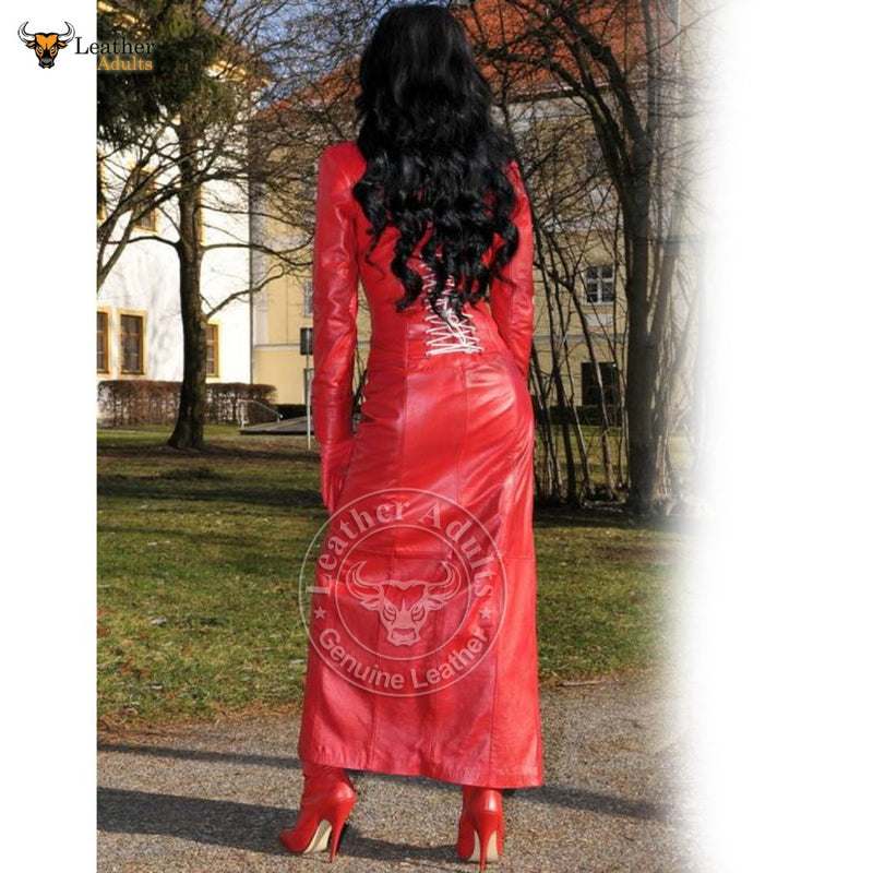 Womens Ladies Real Nappa Leather Long Red Leather Dress Gown Suit Gothic Trench Coat
