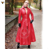 Womens Ladies Pure Lambskin Nappa Leather Long Red Leather Dress Gown Suit Gothic Trench Coat