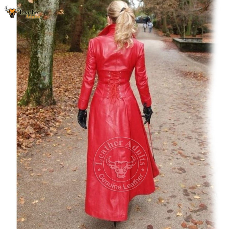 Womens Ladies Pure Lambskin Nappa Leather Long Red Leather Dress Gown Suit Gothic Trench Coat