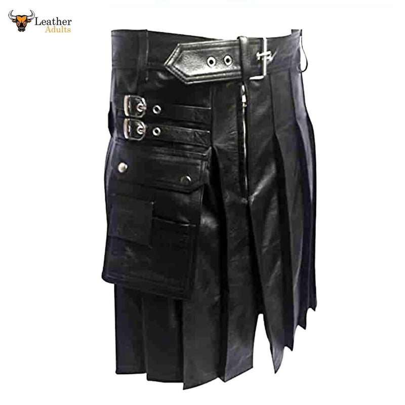 Mens Leather Gladiator Pleated Kilt – K5 -BLK