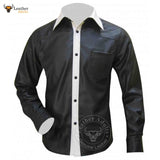 Men's Real Sheep Nappa Leather Full Sleeve BLUF Bespoke Tailored Shirt in Black and White Two Tone