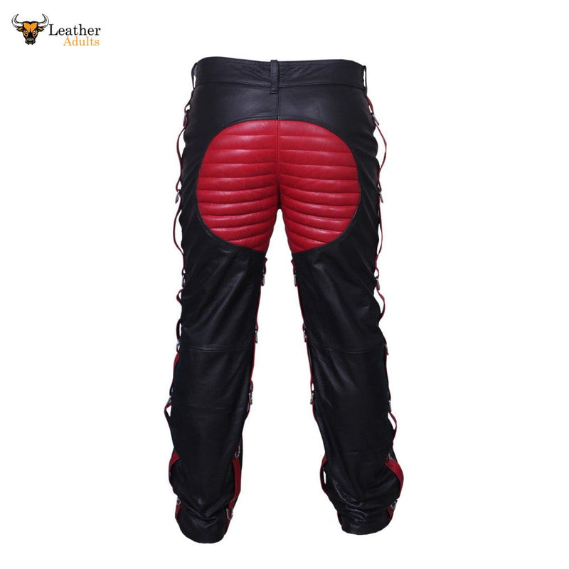 Mens Black Real Cowhide Leather Heavy Duty Bondage Jeans Trousers With Red Contrast