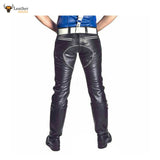 Men's Real Cow Leather GAY Pants Double Zip Trousers Motorbike Jeans Schwarz