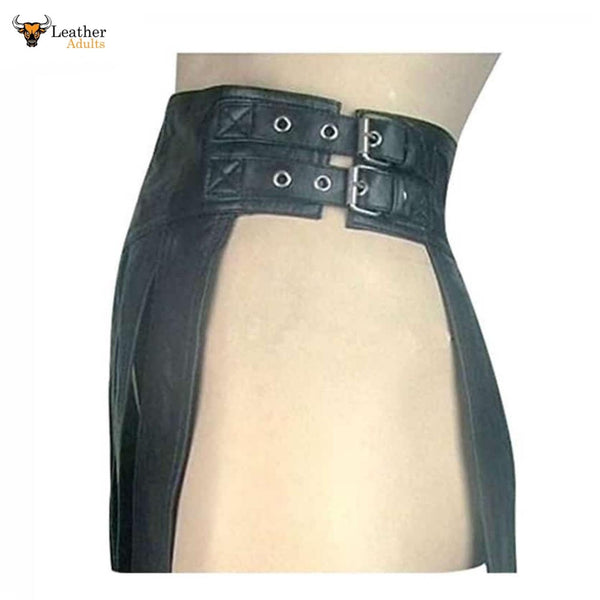 Mens Black Real Leather Full Pleated Kilt – K2