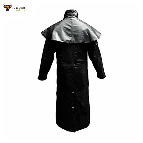 Mens Real Black Leather Duster Riding Hunting Steampunk Trench Coat  T7