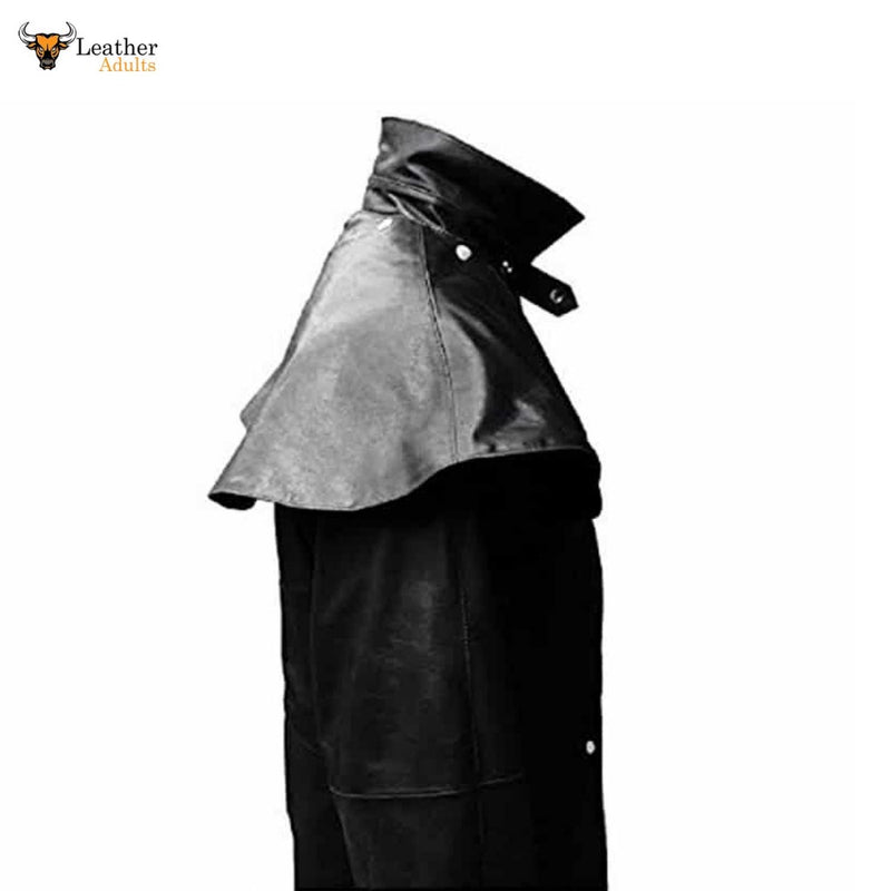 Mens Real Black Leather Duster Riding Hunting Steampunk Trench Coat  T7
