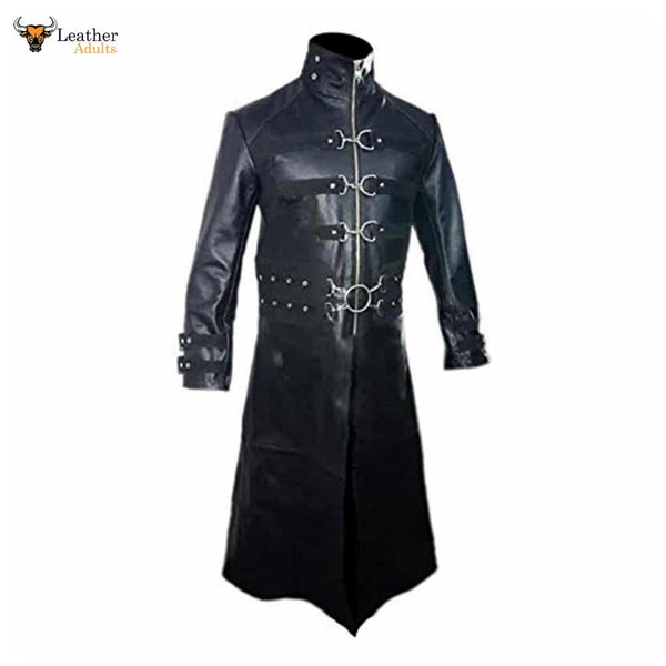 Mens Black Real Cowhide Leather Trench Steampunk Gothic Matrix Winter Coat Jacket Goth 1