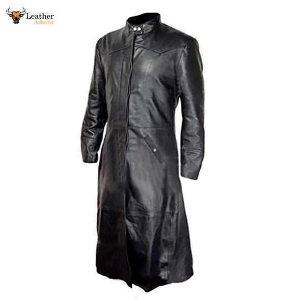 Mens Black Cowhide Leather Long Matrix Trench Coat Goth Steampunk Van Helsing Trench Coat Gothic T17