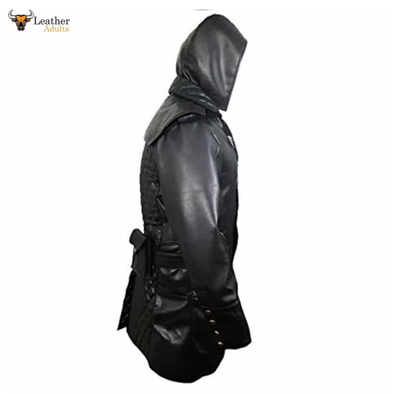 Mens Black Cowhide Leather Matrix Goth Trench Coat Gothic Trench Coat Steampunk Gothic T23 BLACK