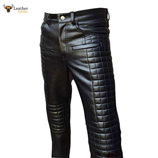 Mens Black Cow Leather Sleek and Sexy Quilted Style Jeans BLUF Pants Trousers