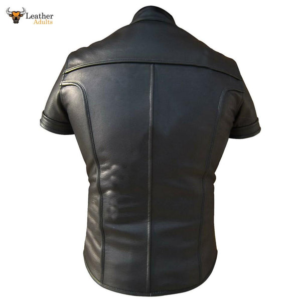 Mens REAL LEATHER Black Bikers Front Zip Closer Slim Fit Shirt BLUF Gay ALL SIZE