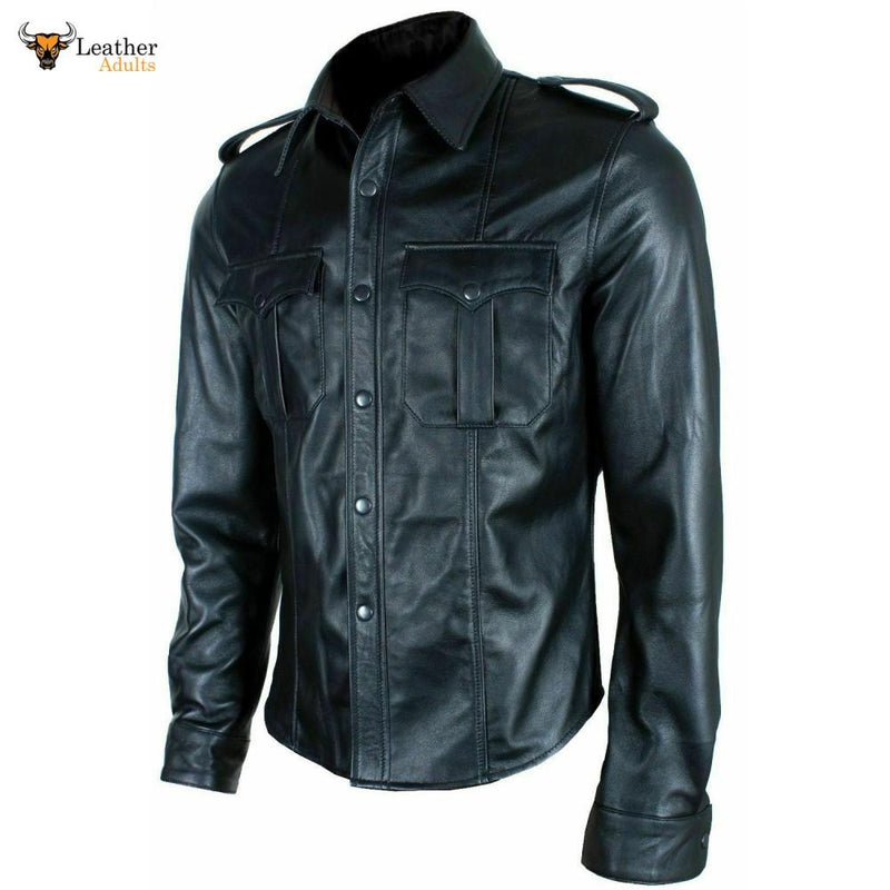 Mens Real Black Leather Police Military Style Shirt BLUF Full Sleeves Shirt