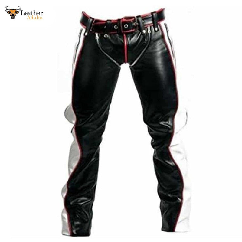 Mens Black Real Cowhide Leather Bondage Jeans Red and White Contrast BLUF Breeches