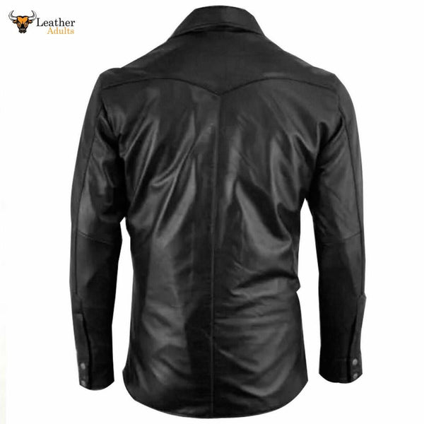 Mens Real Lambskin Leather Black Police Military Style Shirt BLUF Gay Most Sizes