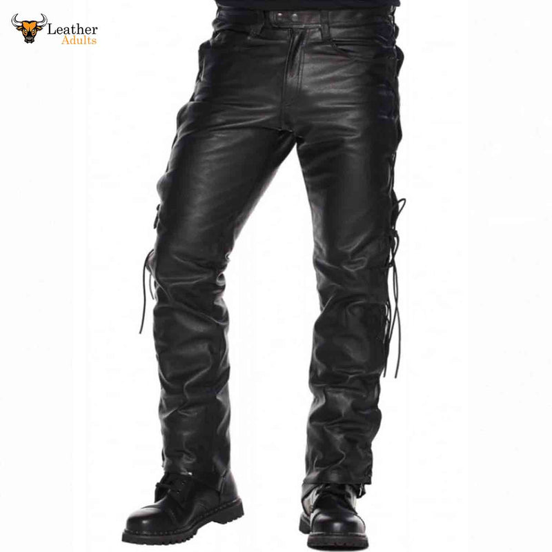 Mens Black Cowhide Leather Trousers Motorbike Motorcycle Lacing Pants Trousers Jeans