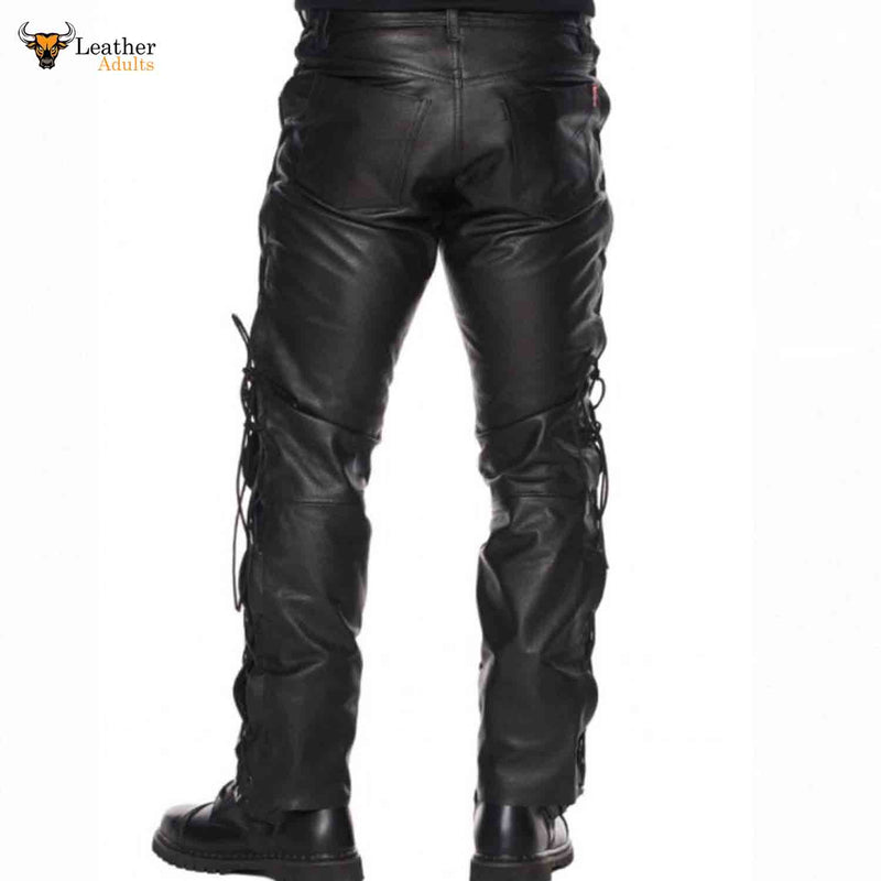 Mens Black Cowhide Leather Trousers Motorbike Motorcycle Lacing Pants Trousers Jeans
