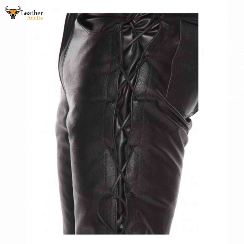 Mens Black Cowhide Leather Trousers Motorbike Motorcycle Lacing Pants Trousers Jeans