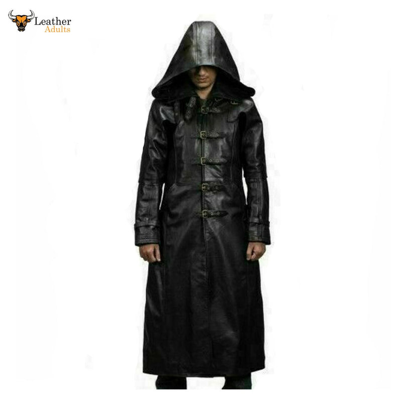Mens Huntsman Black Hooded Cowhide Leather Steampunk Goth Matrix Trench Coat
