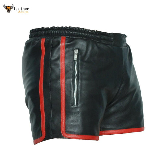 Mens Genuine Cow Leather Black and Red Shorts Clubwear Shorts