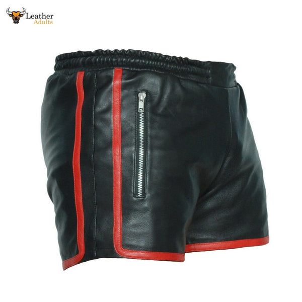 Mens Genuine Cow Leather Black and Red Shorts Clubwear Shorts