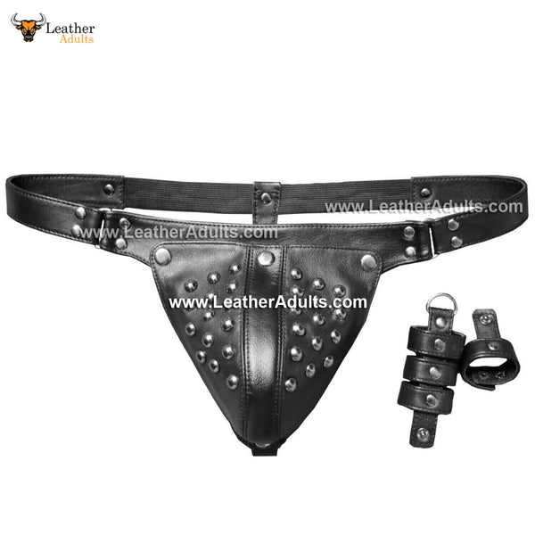 Mens Underwear Real Leather Jockstraps Cod Piece Thong Jock Studded with Rings