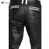 Mens Cowhide Leather Pants Cropped Biker Pants White Stripe Leather Pants Clubwear Chino Trousers