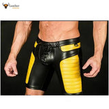 Mens Black Real Leather Foot Ball Rugby 3D Shorts with Yellow Contrast Sports Shorts
