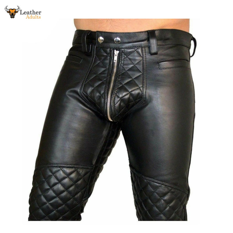 Men's Bikers Pants Trouser Real Sheep Leather Quilted Panel Gay Interest Pants