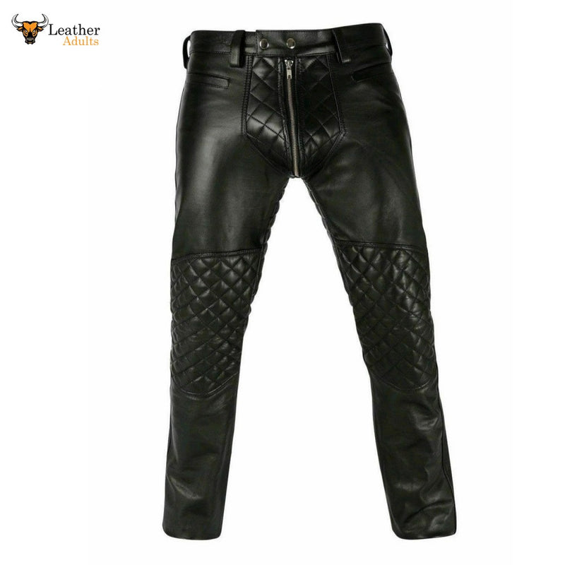 Men's Bikers Pants Trouser Real Sheep Leather Quilted Panel Gay Interest Pants