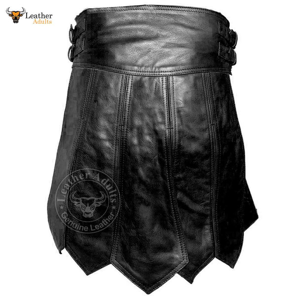 Mens Black Real Leather Kilt Sexy Gladiator Costume Gay Club Wear LARP Kilts
