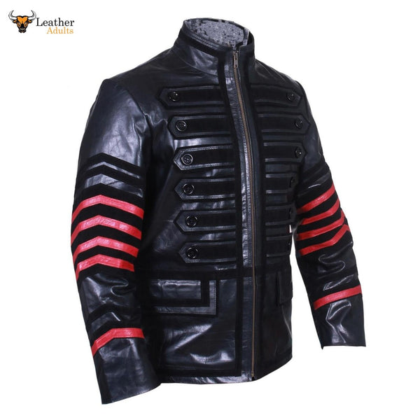 Men's REAL Cowhide LEATHER Black and Red Steampunk Jacket Military Tunic Jackets