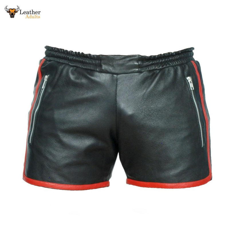 Mens Genuine Cow Leather Black and Red Shorts Clubwear Shorts
