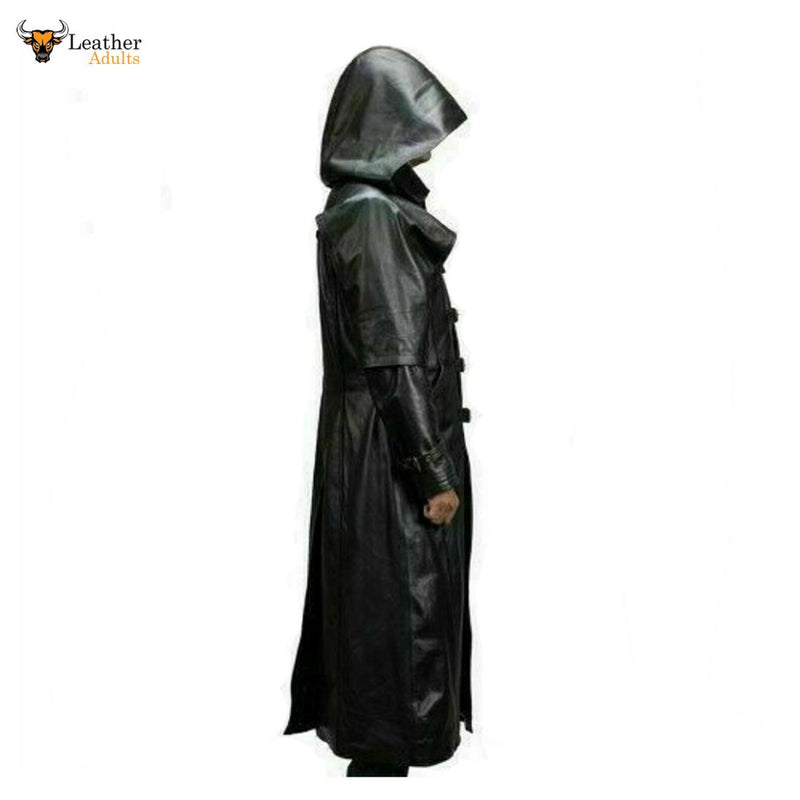 Mens Huntsman Black Hooded Cowhide Leather Steampunk Goth Matrix Trench Coat