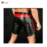 Mens Black Real Leather Foot Ball Rugby 3D Shorts with Red Contrast Sports Shorts