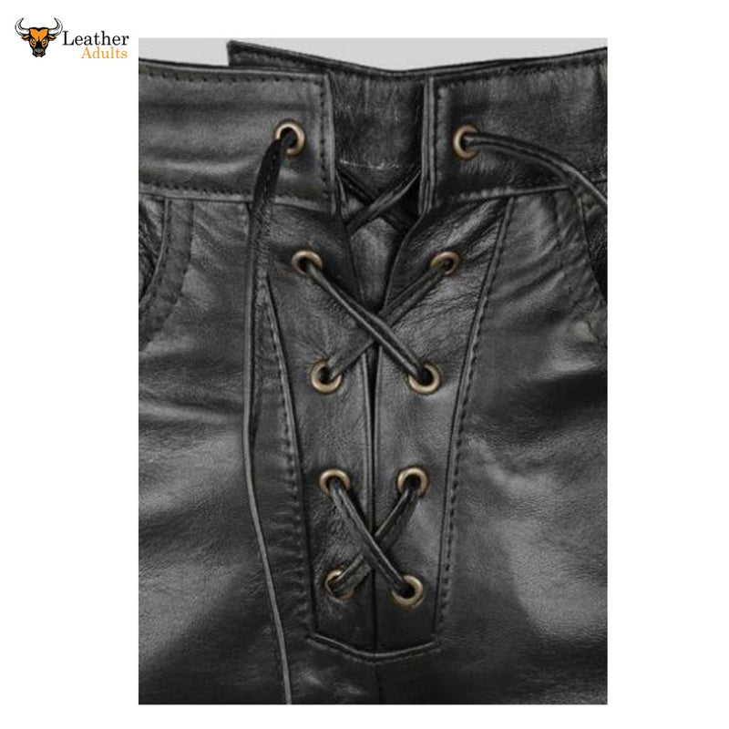 Men's Real Leather Bikers Pants Side and Front Laces Up Bikers Pants Trousers