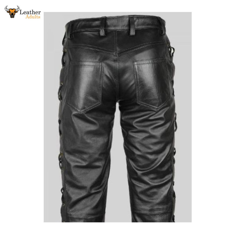 Men's Real Leather Bikers Pants Side and Front Laces Up Bikers Pants Trousers