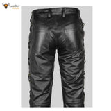 Mens Black Cowhide Leather Lacing BLUF Pants Bikers Lederhosen Jeans Trousers