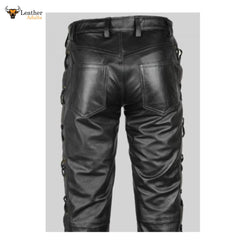 Men's Real Leather Bikers Pants Side and Front Laces Up Bikers Pants Trousers