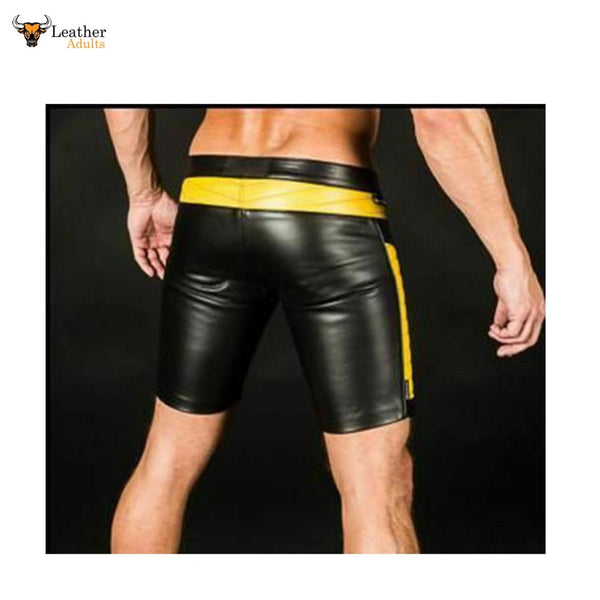 Mens Black Real Leather Foot Ball Rugby 3D Shorts with Yellow Contrast Sports Shorts