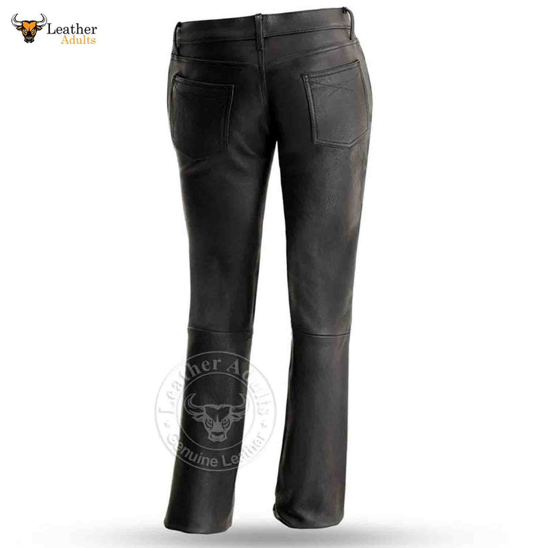 Womens Black Genuine Cowhide Leather Five Pockets Bikers Trousers Breeches Pants