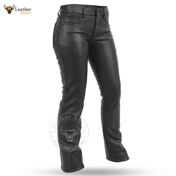 Womens Black Genuine Cowhide Leather Five Pockets Bikers Trousers Breeches Pants