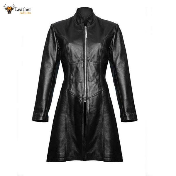 LADIES BLACK REAL SHEEP LEATHER STEAMPUNK GOTHIC COAT T9