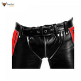 Mens Black Cowhide Leather Bondage Jeans With Red Contrast BLUF Breeches Trousers