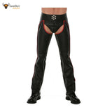 Men's Real Bikers Chaps Leather Chaps Red Piping Leather Gay Chaps Trousers With Jockstrap