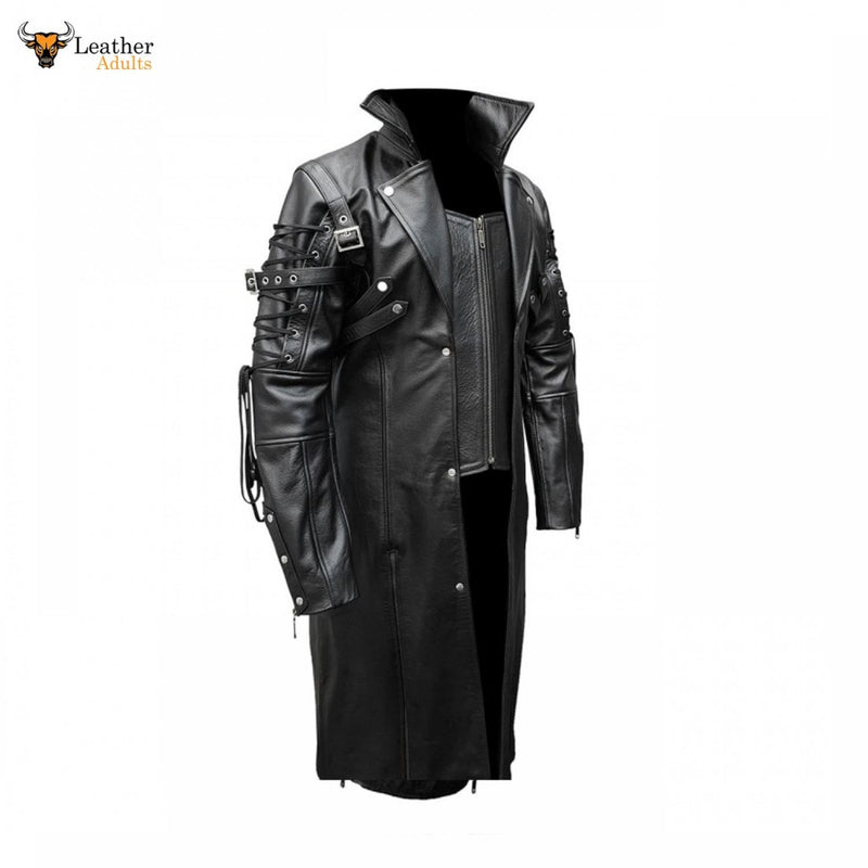 Mens Real Black Leather Goth Matrix Trench Coat VAN HELSING COAT Steampunk Gothic T18