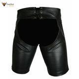 Men's Black Real Cowhide Leather Chaps Shorts Leather Chaps Shorts with Yellow Stripe